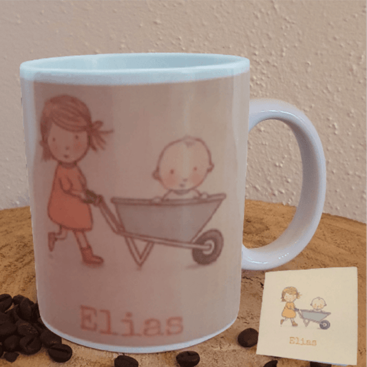 Beker Geboortekaartje met de illustratie van het geboortekaartje en de naam van de baby, met het kaartje ernaast, FlexMade