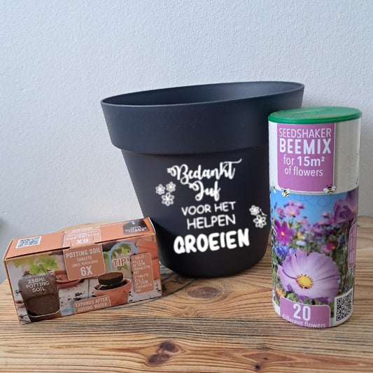 bloempot, juf, meester, zaden, aarde