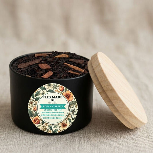 Zwart potje met houten deksel met Botanic Breeze bloemige groene thee van FlexMade