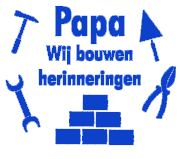 Bouwemmer: kleurvoorbeeld blauw van de opdruk Papa, wij bouwen herinneringen, met gereedschap en bakstenen