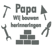 Bouwemmer: kleurvoorbeeld donkergrijs van de opdruk Papa, wij bouwen herinneringen, met gereedschap en bakstenen