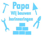 Bouwemmer: kleurvoorbeeld lichtblauw van de opdruk Papa, wij bouwen herinneringen, met gereedschap en bakstenen