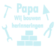 Bouwemmer: kleurvoorbeeld ijsblauw van de opdruk Papa, wij bouwen herinneringen, met gereedschap en bakstenen