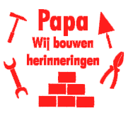 Bouwemmer: kleurvoorbeeld rood van de opdruk Papa, wij bouwen herinneringen, met gereedschap en bakstenen