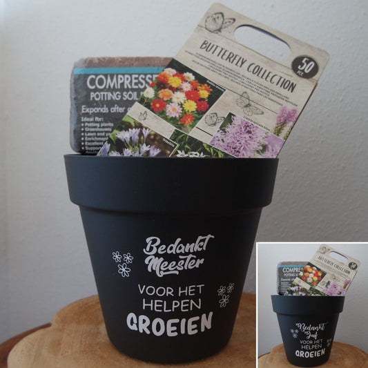 Pakket Bedankt voor het helpen groeien: zwarte pot Bedankt Meester met potgrond en zaadjes, FlexMade