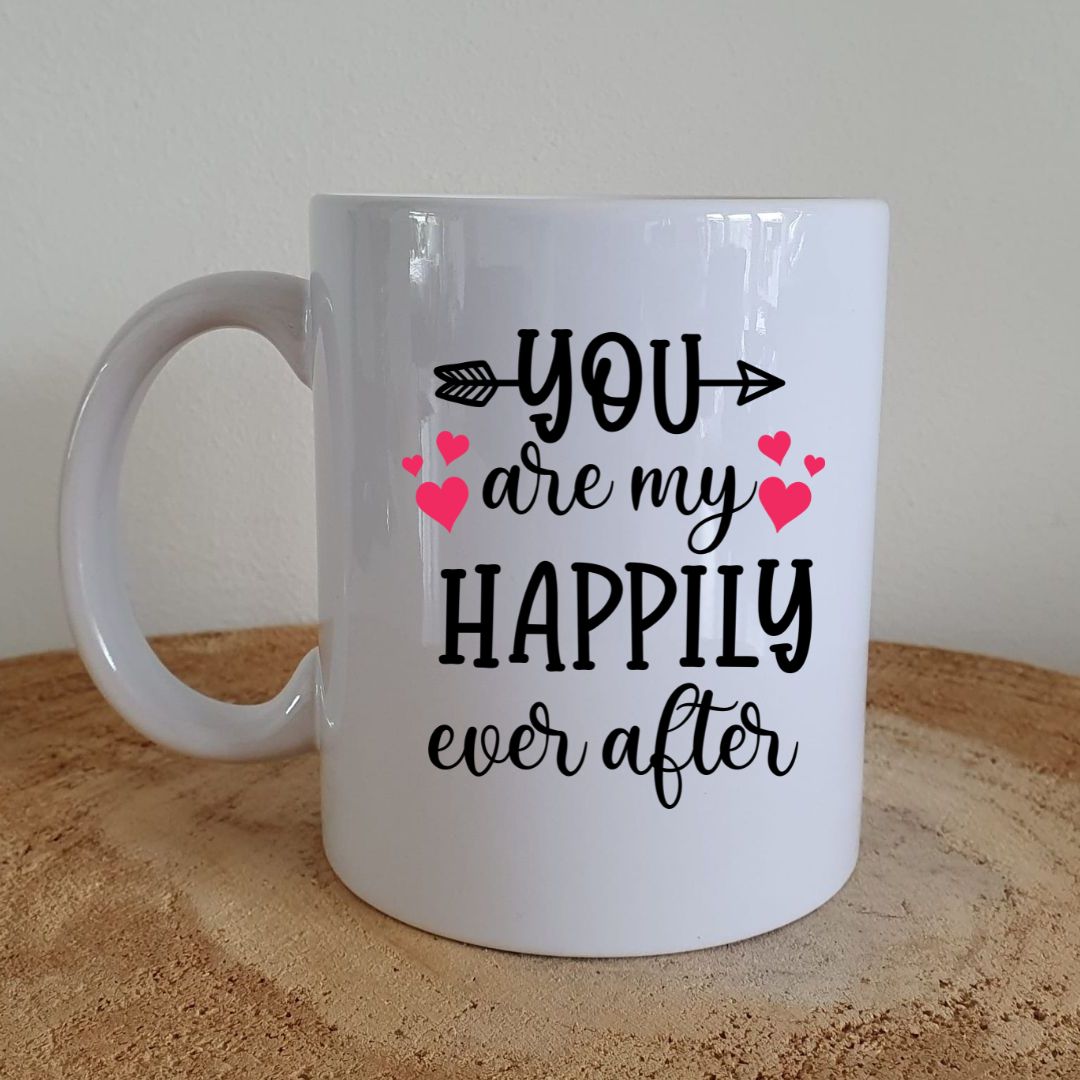 Beker Owls in love: achterkant met de tekst You are my happily ever after en rode hartjes