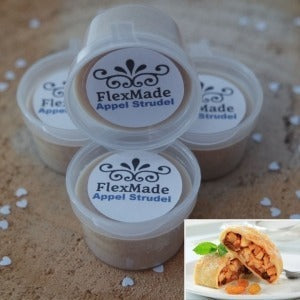 Appelstrudel geuren: bakjes waxmelts van FlexMade met het etiket Appel Strudel, met een foto van appelstrudel