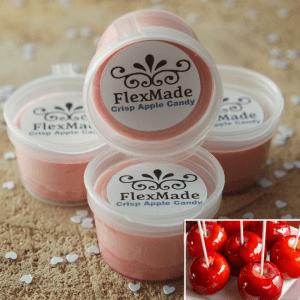 Roze Crisp Apple Candy waxmelts in bakjes met etiket, met een kleine foto van suikerappels, FlexMade