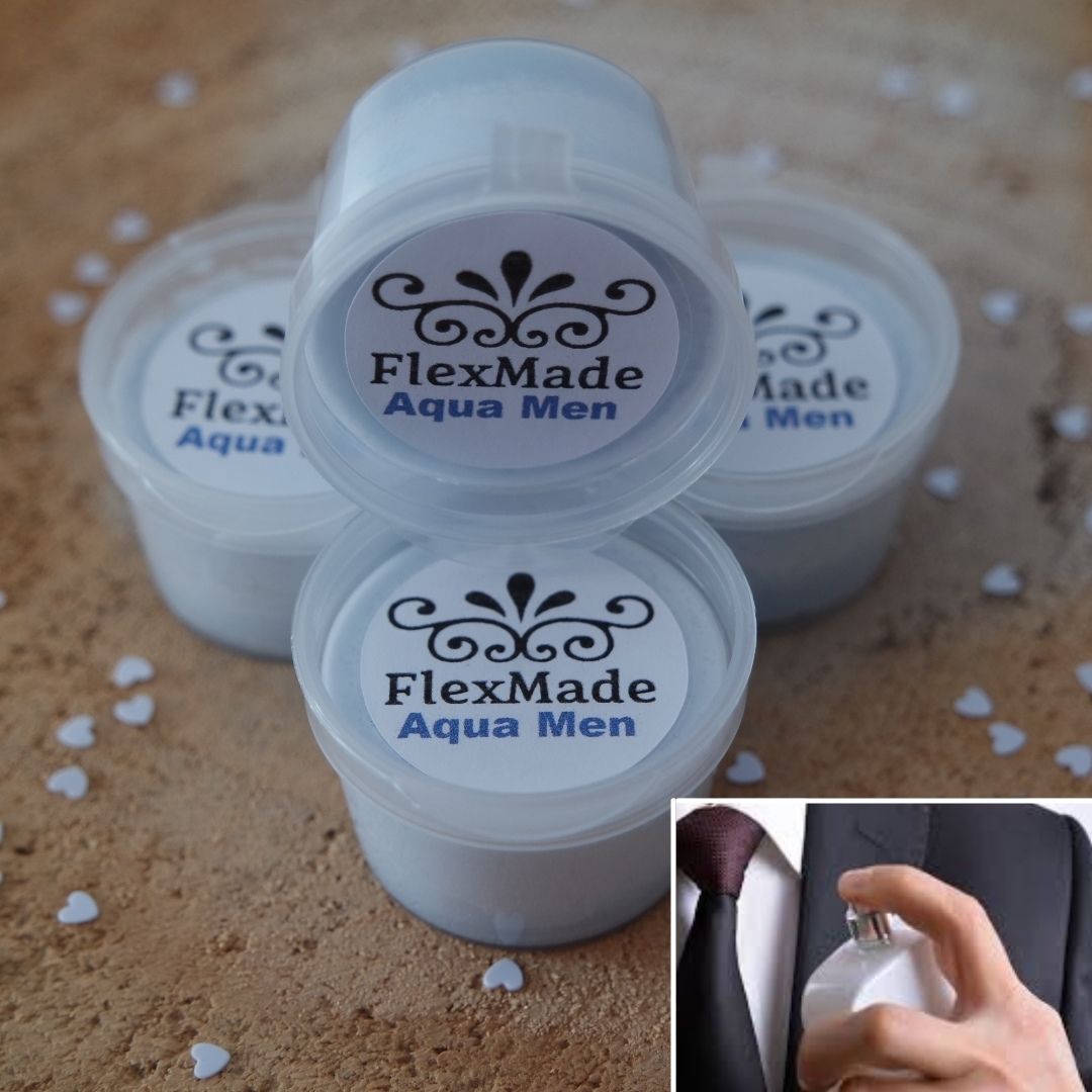 Aqua men geuren: bakjes waxmelts van FlexMade met het etiket Aqua Men, met een foto van een man met parfum