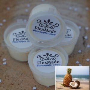Pineapple Coco geuren: bakjes waxmelts van FlexMade met het etiket Pineapple Coco, met ananas en kokosnoot