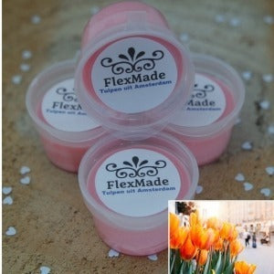 Roze Tulpen uit Amsterdam waxmelts in bakjes met etiket, met een kleine foto van oranje tulpen, FlexMade