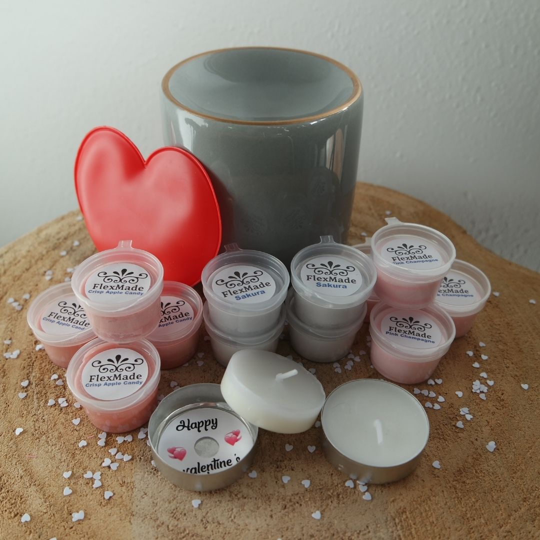 Waxmeltpakket hart: waxmelts van FlexMade met een rood hart, grijze geurbrander en waxinelichtjes met Happy valentine's day