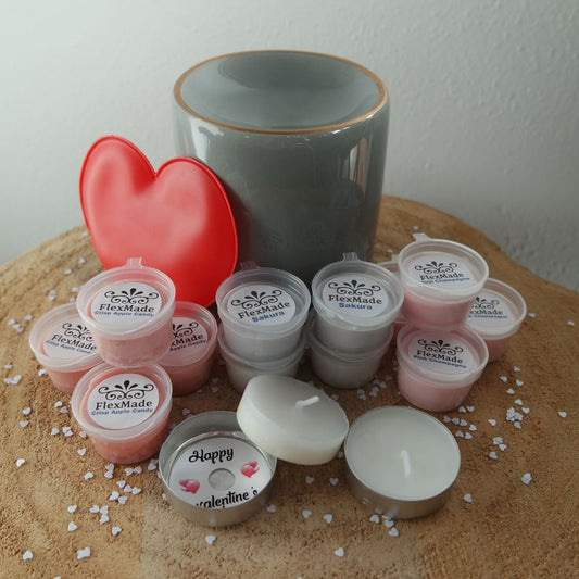Waxmeltpakket hart: waxmelts van FlexMade met een rood hart, grijze geurbrander en waxinelichtjes met Happy valentine's day