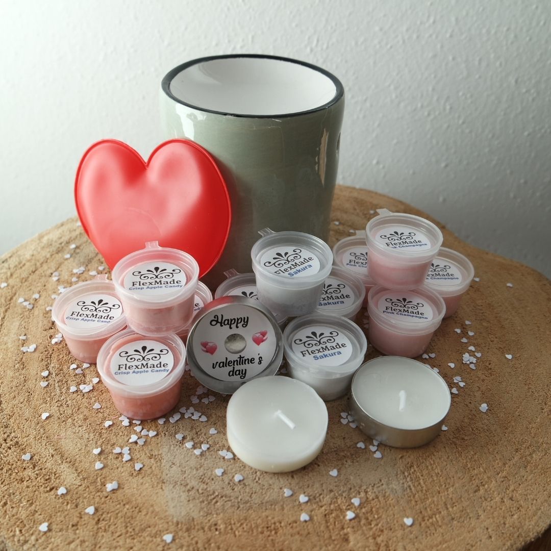 Waxmeltpakket Valentijn: waxmelts van FlexMade met grijze geurbrander, rood hart en waxinelichtjes Happy valentine's day