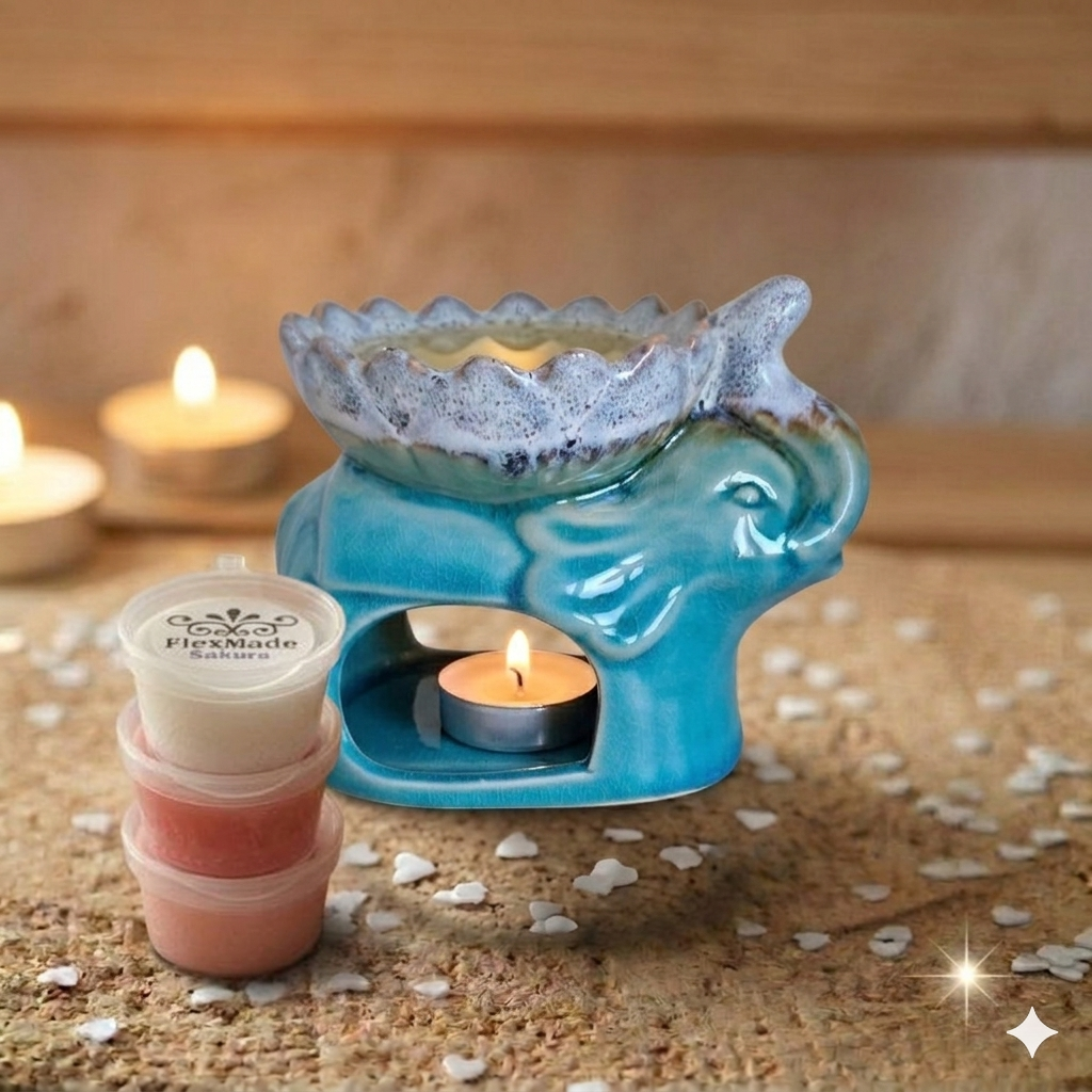Olifant brander met een brandend waxinelichtje en waxmelts ernaast