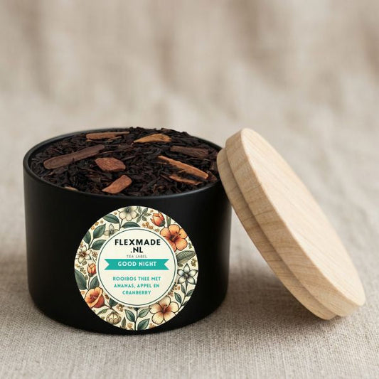 Zwart potje met houten deksel met Good Night cafeïnevrije rooibosthee van FlexMade