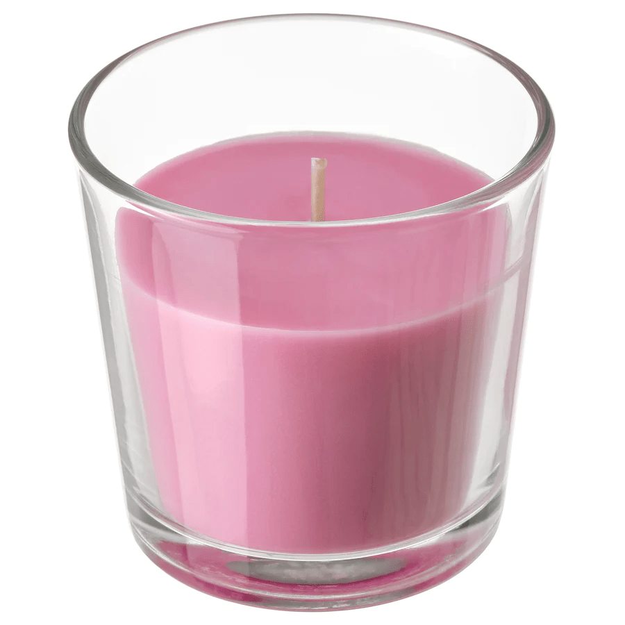 Rudolf geurkaarsen set: roze geurkaars in glas, geur kersen