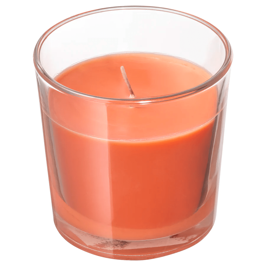 Rudolf geurkaarsen set: oranje geurkaars in glas, geur perzik en sinaasappel