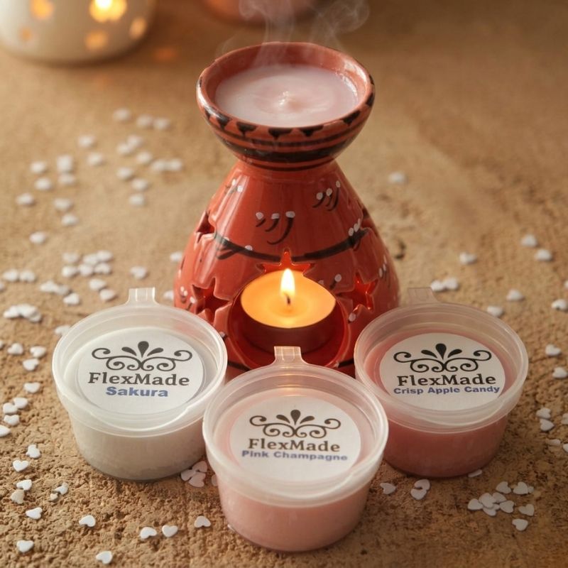 Rode avond brander met een brandend waxinelichtje en drie bakjes waxmelts ervoor